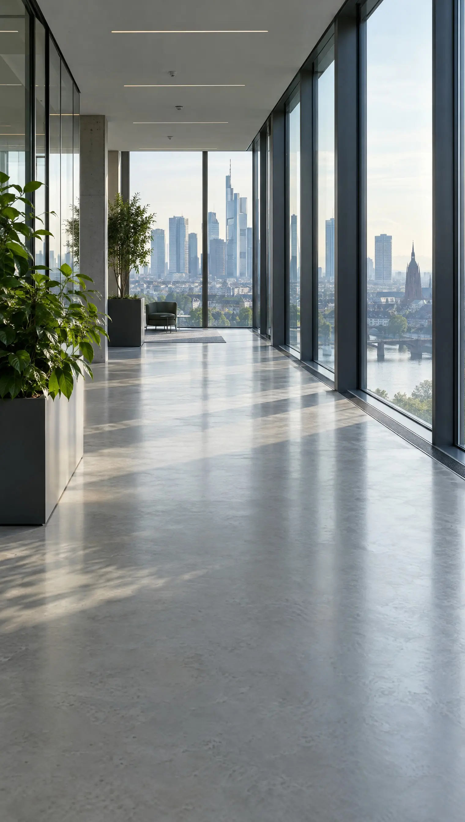 Office corridor in Frankfurt in morning light