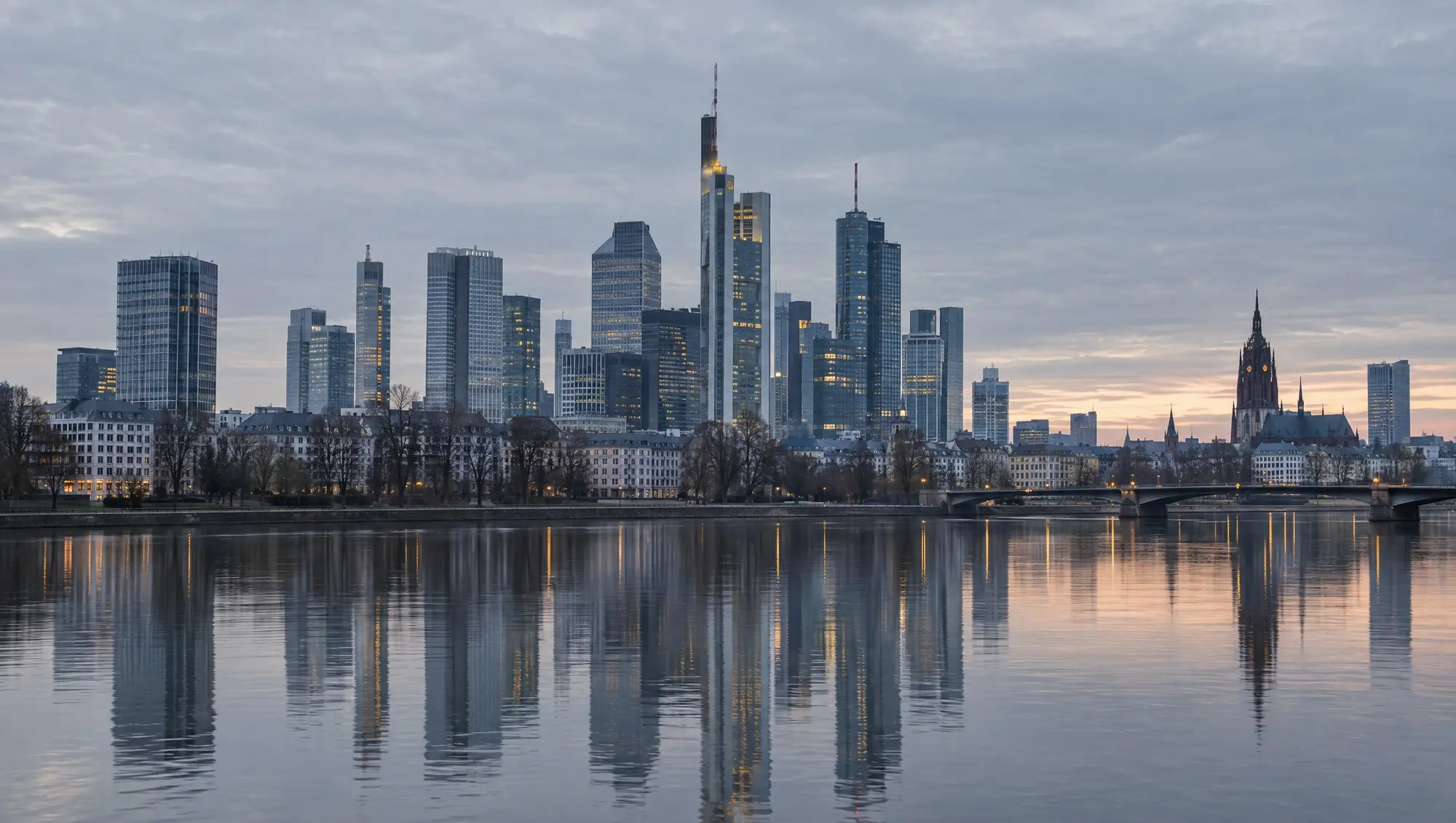 Frankfurt skyline across the river Main at dawn