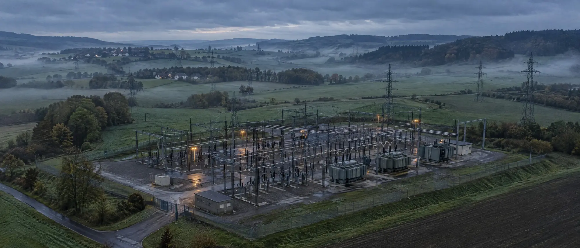 Electrical substation in the Hessian countryside at blue hour