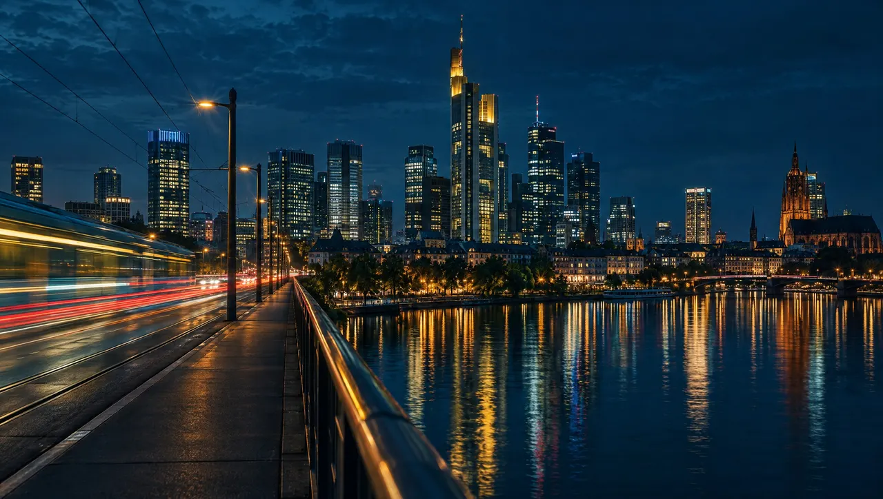 Frankfurt at night from a bridge over the Main