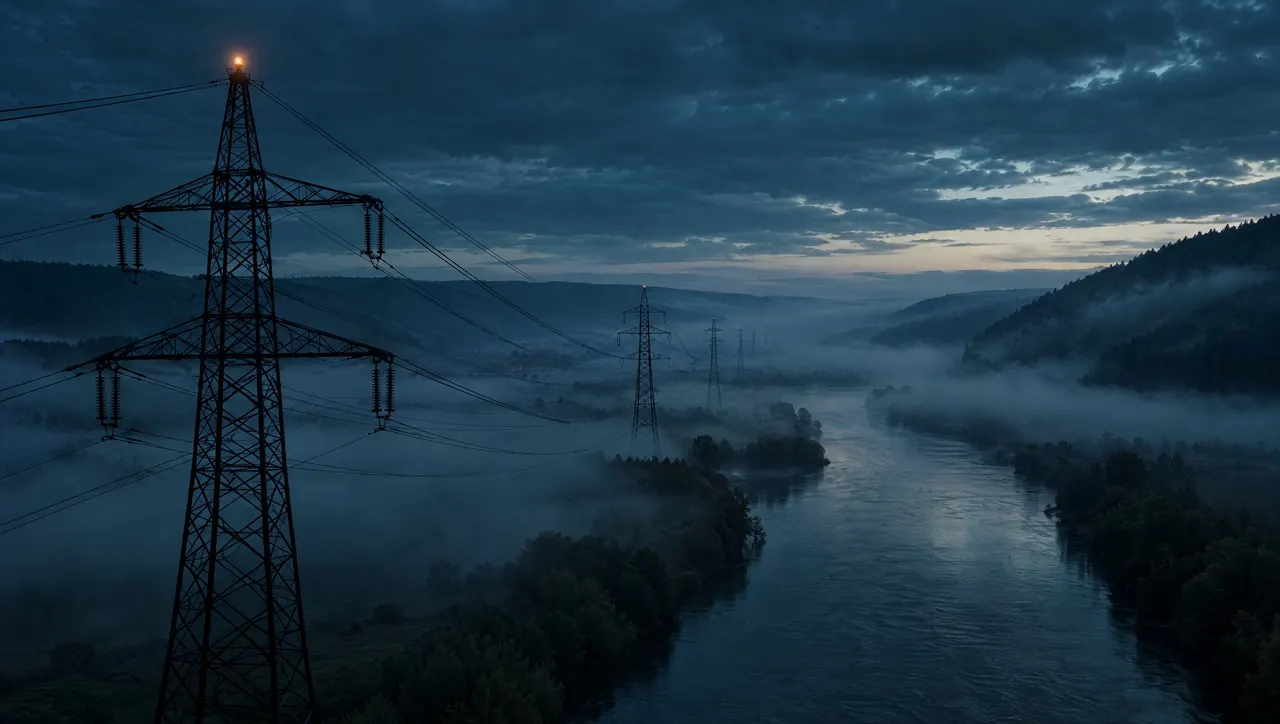 Power lines crossing a misty valley at blue hour