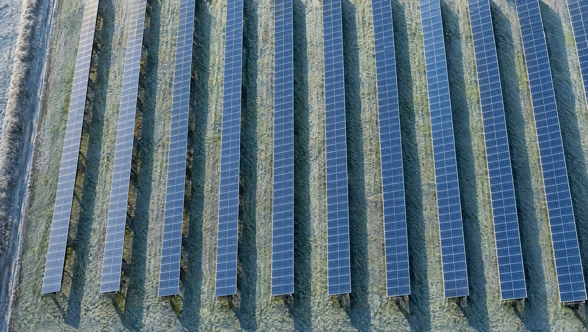 Solar field covered in frost